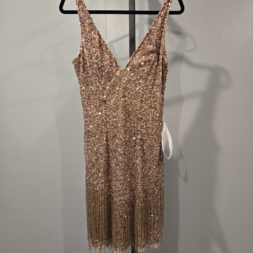 NWT Mac Duggal Beaded Fringe Sequined Mini Dress, Copper Style 4971 - Picture 4 of 9